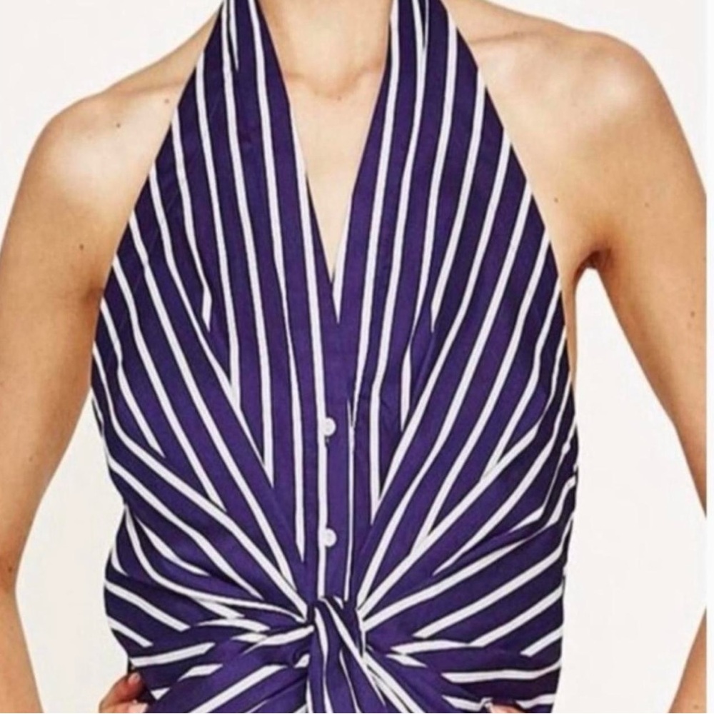 Zara Blue and White Tie Front Blouse